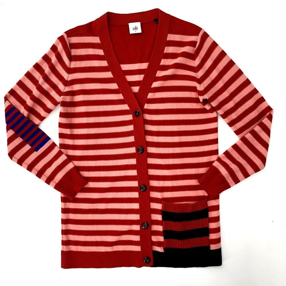 Cabi # 5446 "Picnic Cardigan" Red Stripe Button-Down Cardigan Long Slv Sweater M - Picture 7 of 11